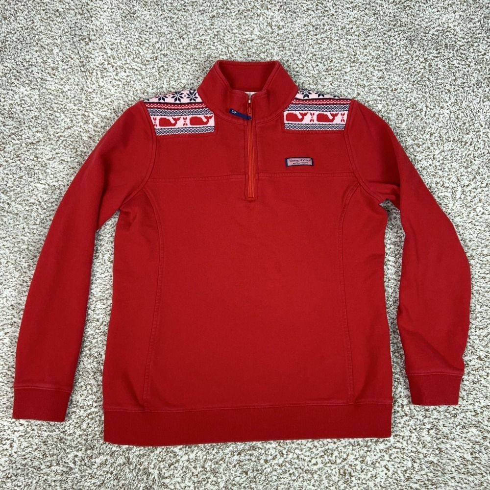 Vineyard Vines Sweater Womens Medium Red 1/4 Zip Mock Neck Fair Isle Whale Logo